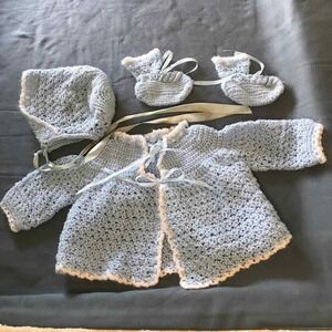 Homemade Baby Blue Sweater Hat Booties Crochet Set